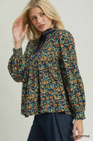 Umgee Floral Print Contrast V-Neck Long Sleeve Blouse in Blue Depths