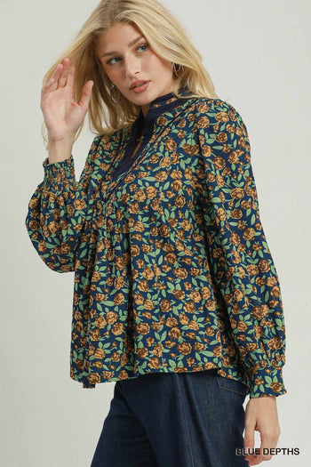 Umgee Floral Print Contrast V-Neck Long Sleeve Blouse in Blue Depths