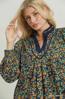 Umgee Floral Print Contrast V-Neck Long Sleeve Blouse in Blue Depths