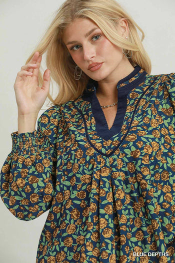 Umgee Floral Print Contrast V-Neck Long Sleeve Blouse in Blue Depths