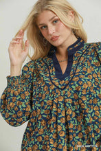 Load image into Gallery viewer, Umgee Floral Print Contrast V-Neck Long Sleeve Blouse in Blue Depths
