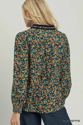 Umgee Floral Print Contrast V-Neck Long Sleeve Blouse in Blue Depths