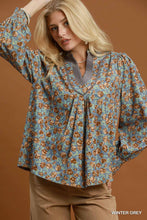 Load image into Gallery viewer, Umgee Floral Print Contrast V-Neck Long Sleeve Blouse in Winter Grey
