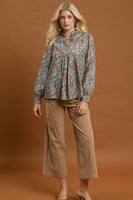 Umgee Floral Print Contrast V-Neck Long Sleeve Blouse in Winter Grey