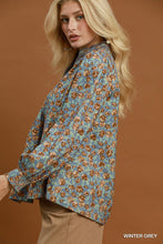 Load image into Gallery viewer, Umgee Floral Print Contrast V-Neck Long Sleeve Blouse in Winter Grey
