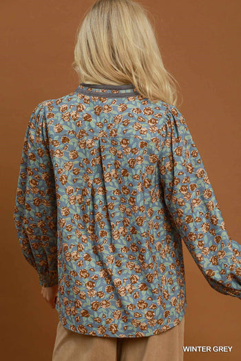 Umgee Floral Print Contrast V-Neck Long Sleeve Blouse in Winter Grey