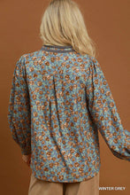 Load image into Gallery viewer, Umgee Floral Print Contrast V-Neck Long Sleeve Blouse in Winter Grey
