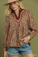 Load image into Gallery viewer, Umgee Floral Print Contrast V-Neck Long Sleeve Blouse in Winter Rose

