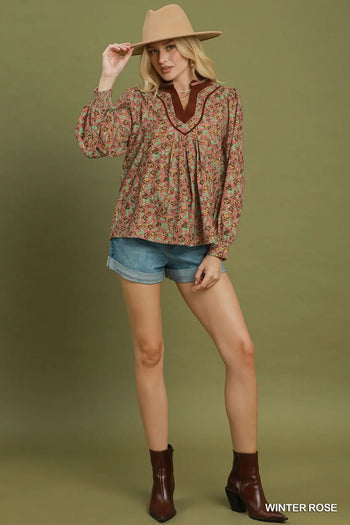 Umgee Floral Print Contrast V-Neck Long Sleeve Blouse in Winter Rose