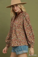 Umgee Floral Print Contrast V-Neck Long Sleeve Blouse in Winter Rose