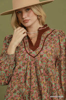 Umgee Floral Print Contrast V-Neck Long Sleeve Blouse in Winter Rose