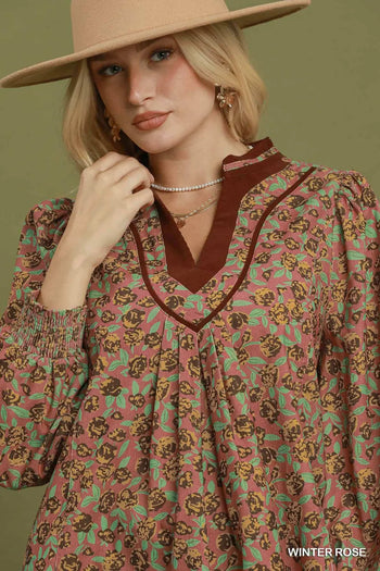 Umgee Floral Print Contrast V-Neck Long Sleeve Blouse in Winter Rose
