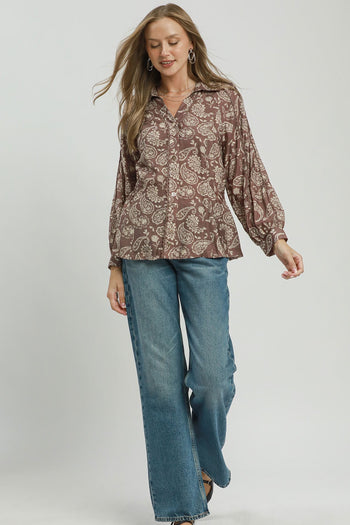 Umgee Paisley Print Button Front Peplum Blouse in Mocha