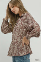 Umgee Paisley Print Button Front Peplum Blouse in Mocha
