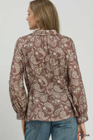Umgee Paisley Print Button Front Peplum Blouse in Mocha