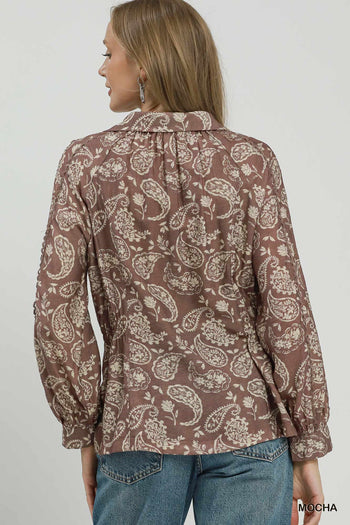 Umgee Paisley Print Button Front Peplum Blouse in Mocha