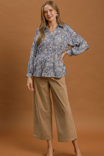 Umgee Paisley Print Button Front Peplum Blouse in Slate Blue