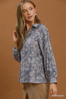 Umgee Paisley Print Button Front Peplum Blouse in Slate Blue