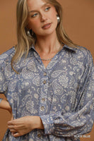 Umgee Paisley Print Button Front Peplum Blouse in Slate Blue