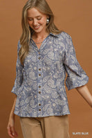 Umgee Paisley Print Button Front Peplum Blouse in Slate Blue