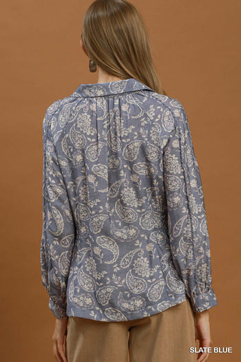 Umgee Paisley Print Button Front Peplum Blouse in Slate Blue