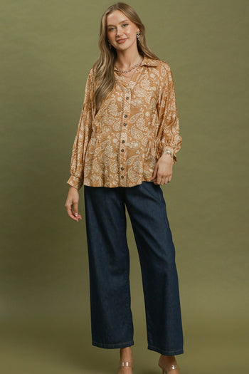 Umgee Paisley Print Button Front Peplum Blouse in Willow