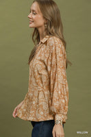 Umgee Paisley Print Button Front Peplum Blouse in Willow