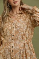 Umgee Paisley Print Button Front Peplum Blouse in Willow