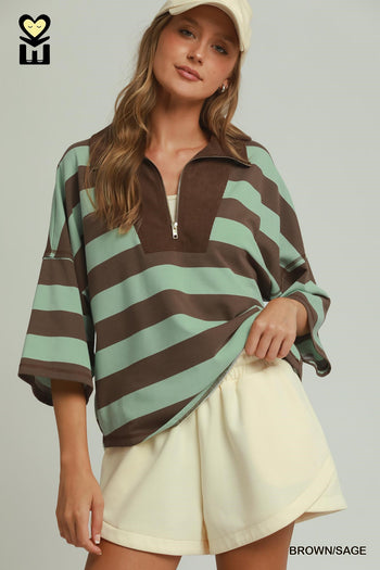 Umgee Stripe Drop Shoulder Corduroy Collared Pullover in Brown/Sage