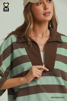 Umgee Stripe Drop Shoulder Corduroy Collared Pullover in Brown/Sage
