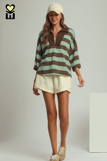 Umgee Stripe Drop Shoulder Corduroy Collared Pullover in Brown/Sage