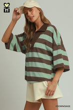Load image into Gallery viewer, Umgee Stripe Drop Shoulder Corduroy Collared Pullover in Brown/Sage
