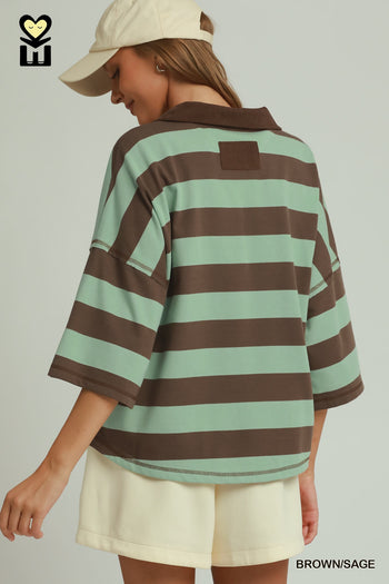 Umgee Stripe Drop Shoulder Corduroy Collared Pullover in Brown/Sage