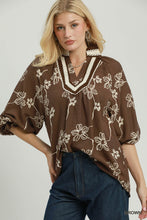 Load image into Gallery viewer, Umgee Floral Print Contrast Lace Trim Blouse in Brown
