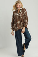Load image into Gallery viewer, Umgee Floral Print Contrast Lace Trim Blouse in Brown
