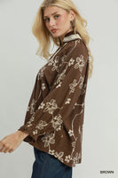 Umgee Floral Print Contrast Lace Trim Blouse in Brown