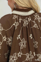 Umgee Floral Print Contrast Lace Trim Blouse in Brown