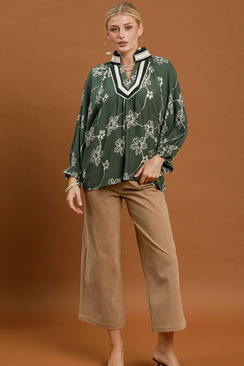 Umgee Floral Print Contrast Lace Trim Blouse in Olive