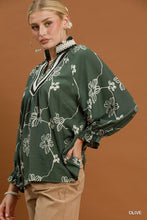 Load image into Gallery viewer, Umgee Floral Print Contrast Lace Trim Blouse in Olive
