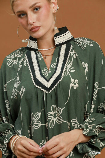 Umgee Floral Print Contrast Lace Trim Blouse in Olive