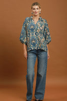 Umgee Abstract Print Balloon Sleeve Top in Slate Blue