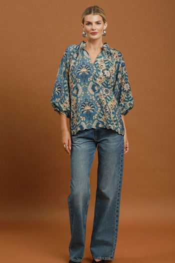 Umgee Abstract Print Balloon Sleeve Top in Slate Blue