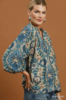 Umgee Abstract Print Balloon Sleeve Top in Slate Blue