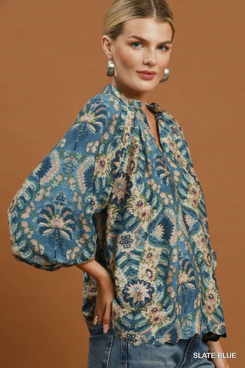 Umgee Abstract Print Balloon Sleeve Top in Slate Blue