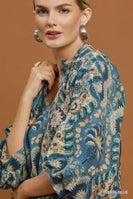 Umgee Abstract Print Balloon Sleeve Top in Slate Blue