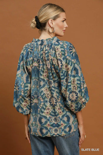 Umgee Abstract Print Balloon Sleeve Top in Slate Blue