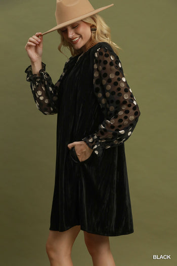 Umgee Velvet Polka Dot Sheer Sleeve Dress in Black