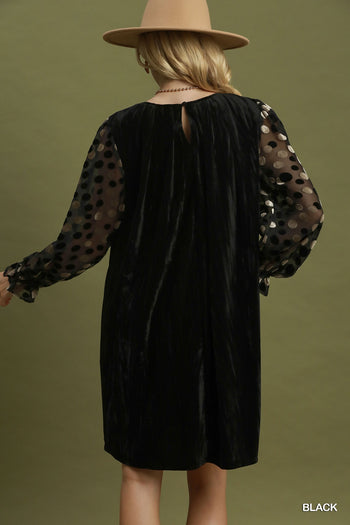 Umgee Velvet Polka Dot Sheer Sleeve Dress in Black