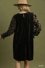 Load image into Gallery viewer, Umgee Velvet Polka Dot Sheer Sleeve Dress in Black
