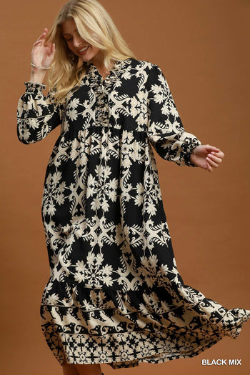 Umgee Mix Border Print Ruffle Maxi Dress in Black Mix